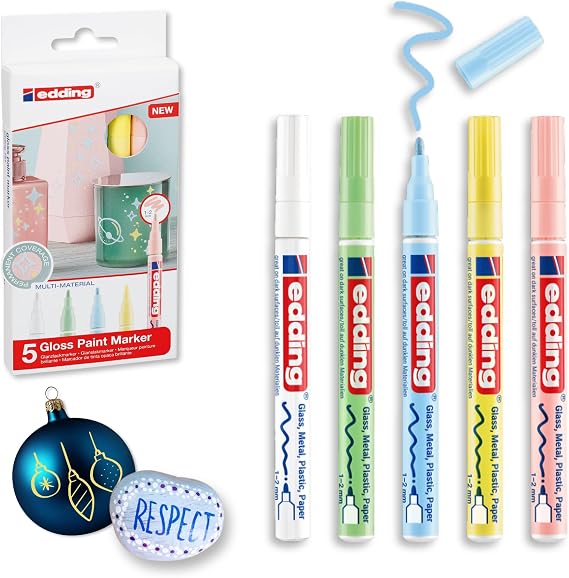edding 751 gloss paint marker set - white, yellow, green, rose, blue (pastel) - 5 paint markers - round nib 1-2 mm - paint pen for glass, pebbles, wood, plastic, paper - waterproof, high coverage