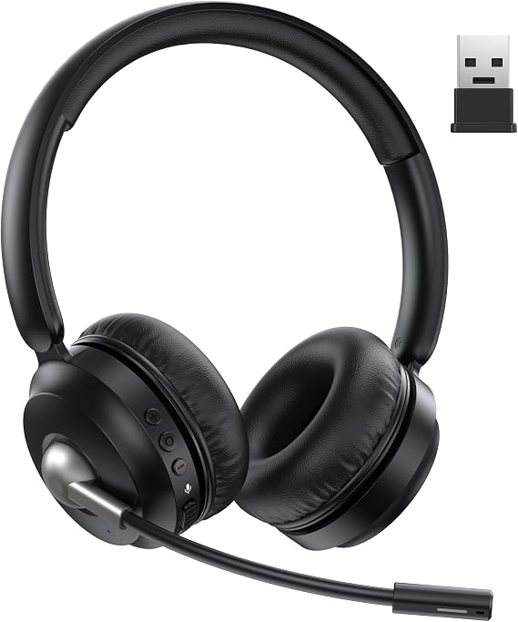 TECKNET V6.0 Bluetooth Headset mit Mikrofon kabellos Headset mit ENC-Störunterdrückung&EIN-Tasten-Stumm aufladbare kabellose Kopfhörer mit Ohrumschluss 50h Akku Büro Trucker Callcenter – Schwarz