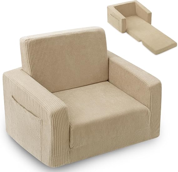 2-in-1 Kids Chair and Couch, Cozy Corduroy Kids Sofa, Beige | Fold-Out Kids Couch, Boys and Girls, Bedroom & Playroom, Reading and Playing, Lightweight, Removable Washable Cover