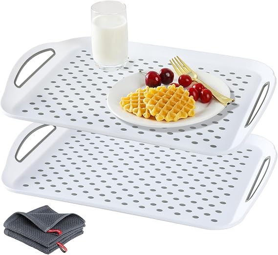 Large Non-Slip Serving Tray with Handles - Suitable Serving Tray, Food Tray, Trays for Serving Food,Serving Platters - an Ideal Dining Choice, White - 2 Pack
