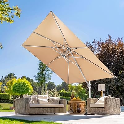 wikiwiki 10x10 FT Cantilever Patio Umbrella, Offset Umbrella Outdoor Patio with 360 Rotation and Unlimited Tilting System, Heavy Duty Umbrella with Cross Base, Beige