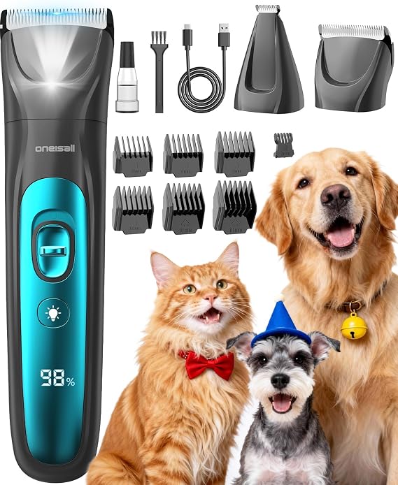 oneisall LED Light 2-in-1 Dog Grooming Clippers & Paw Trimmer Kit | Cordless & 3.7 hrs Runtime, 7 Guide Combs, LED Display, Safe for Paw, Face, Ears, Legs, Body