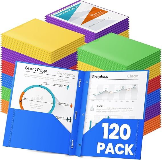 Officygnet 120 Pack 2 Folders with Pockets and Prongs, Heavy Duty Plastic Folder with Clear Front Pocket and Brads, Durable Bulk Assorted Colors File Folders for Office and School Supplies