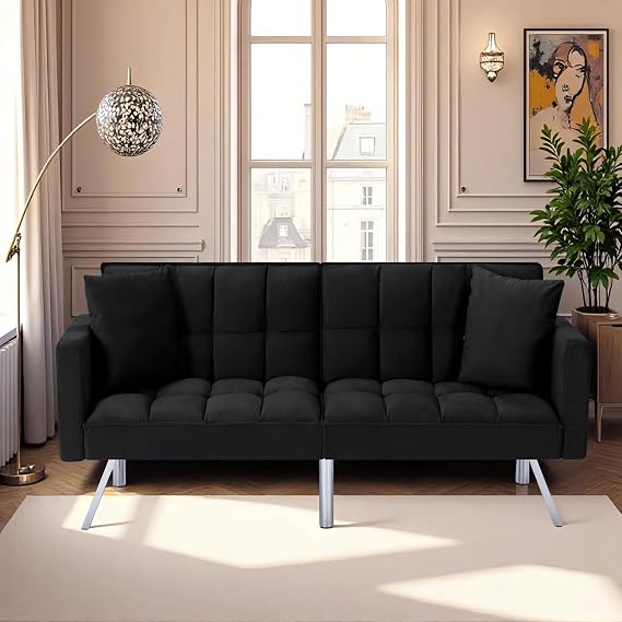 78" Modern Sofa Bed Futon,Convertible Sleeper Bed Couch with 4 Reclining Backrest,Comfy Velvet Cloud Sofa Loveseat for Living Room Bedroom Office (Black)