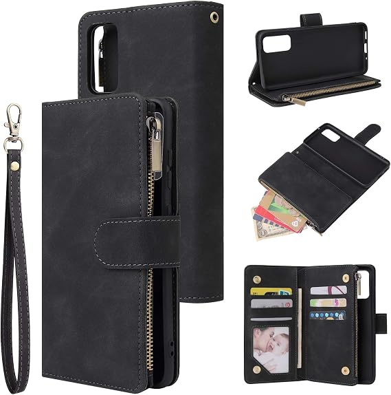 UEEBAI Wallet Case for Samsung Galaxy S20, Premium Vintage PU Leather Magnetic Closure Handbag Zipper Pocket Case Kickstand Card Holder Slots with Wrist Strap TPU Shockproof Flip Cover - Black