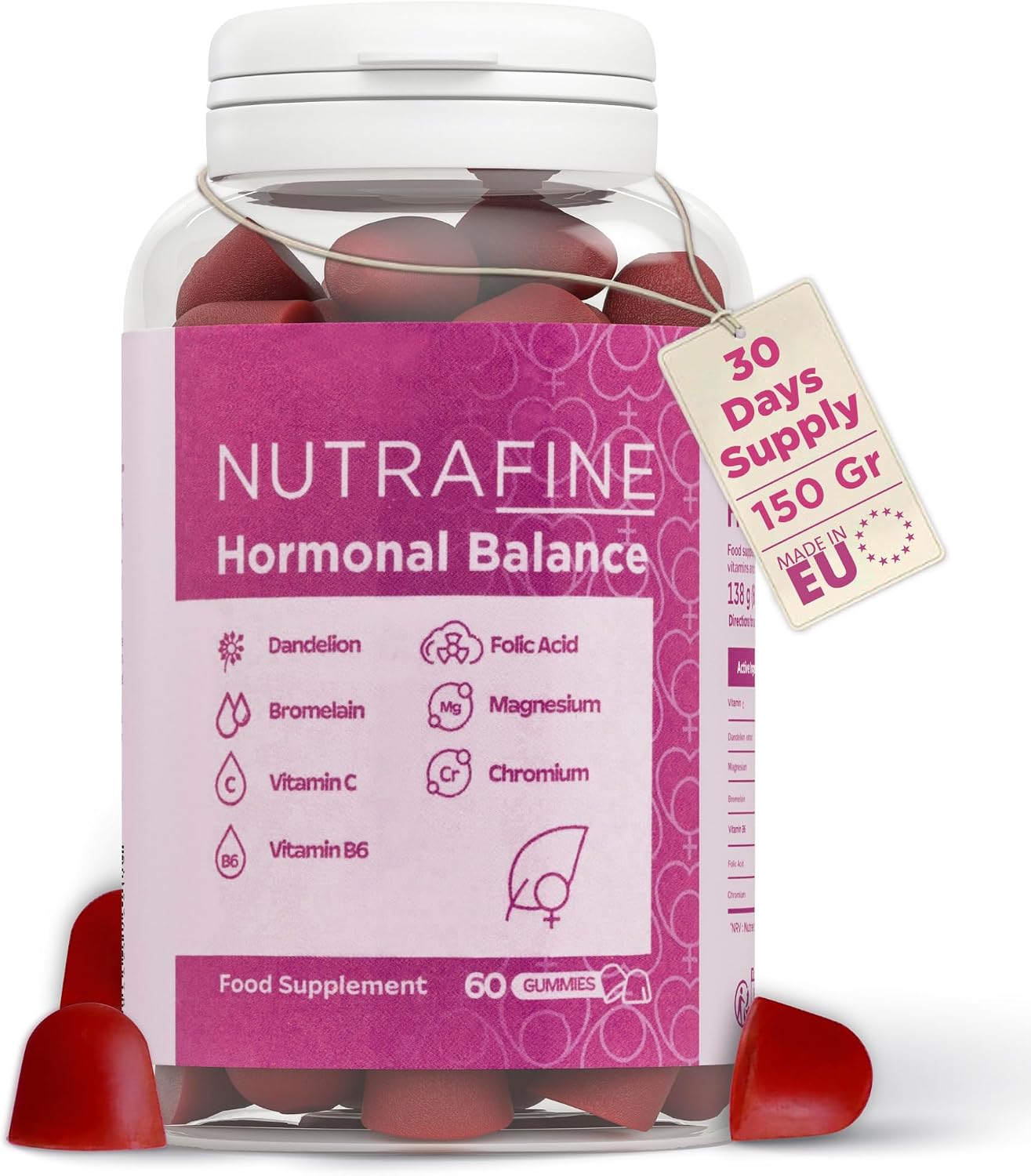 Hormone Balance for Women – Feminine Balance Gummies with Dandelion, Bromelain, Vitamins B6, C, Folic Acid, Magnesium & Chromium – Sugar-Free – 60 Count