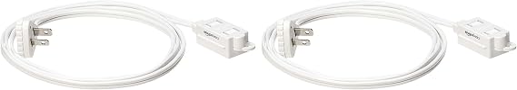 Amazon Basics 6-Foot 2-Prong Indoor Extension Cord Power Strip with Flat Plug, Space-Saving Design, 13 Amps, 1625 Watts, 125 VAC, White, 2-Pack