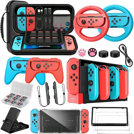 Accessories Bundle for Nintendo Switch 1/OLED, OUNFNOE 19-IN-1 Kits for Switch OLED Accessories, Carrying Case, Controller Charging Dock, Joy-Con Thumb Grips, Tempered Screen Protector, Steering Wheels for Mario Kart, Protective Console Cover