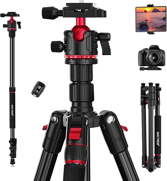 MACTREM Heavy Duty Aluminum Camera Tripod 67" Travel Monopod 360 Ball Head