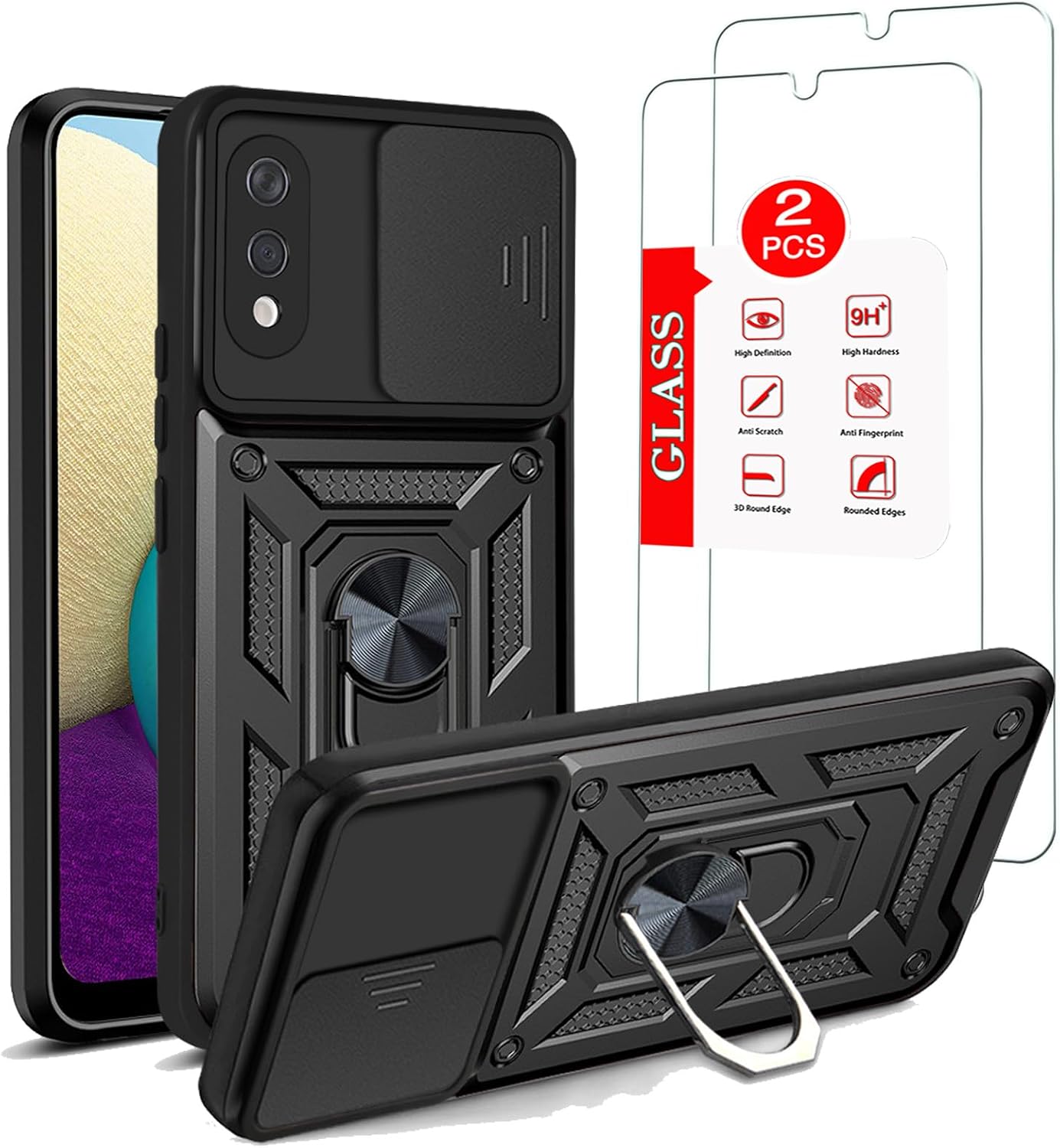 for Samsung Galaxy A02  M02 Case with [2 Pack] Tempered Glass Screen Protector, for Galaxy A02  M02 Heavy Duty Armor [Military-Grade] Protective, Lens Protects Magnetic Kickstand Case Black