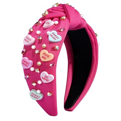 Valentines Day Headband for Women Girls Top Knot Jeweled Rhinestone Velvet Plush Hair Accessories Pink Red Heart Clothes Outfit