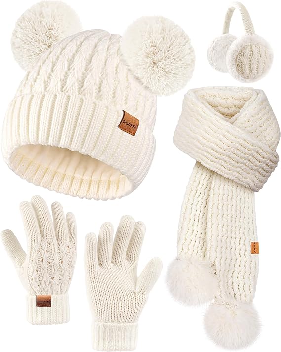 HONGTEYA 4PCS Kids Girls Winter Hat Gloves Scarf Earmuffs Set Aged 3-15Y