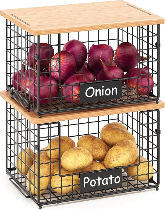 2-Pack Stackable Wire Baskets with 2 Pads & Bamboo Top, Pantry Organizer | Potato and Onion Storage Bin with Labels, Organize Produce/Fruit/Vegetable on Kitchen Counter, Cabinet or Under Sink, XL