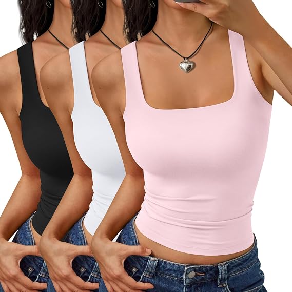 Trendy Queen 3 Pack Womens Double Lined Square Neck Tank Tops Pack