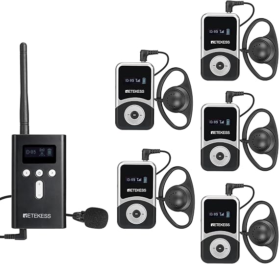 Retekess T130S Tour Guide System, Hearing Assistance Devices(1TX 5RX) | for School, Tour, Hi-Fi Sound, 100m Range, Both Ear D-Shaped Headphones