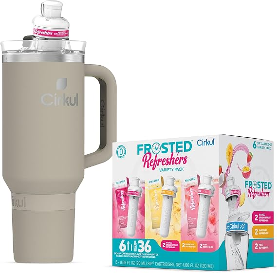 Cirkul 40oz Stainless Steel Insulated Tumbler Bundle in Ranger - Includes Frosted Refreshers Flavor Cartridge Drink Mix Variety Pack, Zero Calories, No Sugar