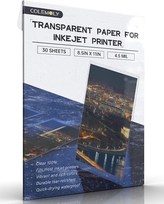 Colemoly Clear Acetate Sheets for Inkjet Printers, Transparent Paper 8.5" x 11", 30 Sheets, Inkjet Transparency Film for Crafts, Overhead Projector and DIY Printing