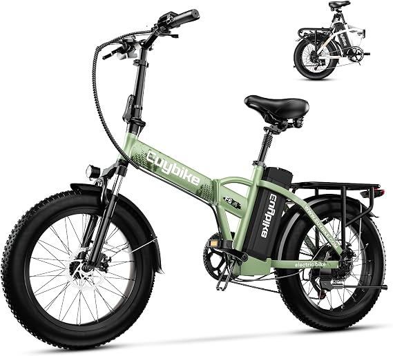 Foldable Electric Bike for Adults, 30+MPH, 48V 20Ah Removable Battery up to 80Miles, 20" Fat Tire 1000W Peak Dirt Ebike Adult Electric Bicycle for Commute Beach Mountain Flat Tube E Bike Green