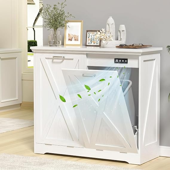 TOLEAD Tilt Out Trash Can Cabinet, 10 Gallon Kitchen Trash Cabinet Hidden Trash Can with Deodorizing & Negative Ion Pet Proof for Kitchen,Dining Room, Living Room,Double White