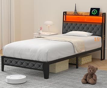 Winkalon Twin Metal Bed Frame with RGB Lights, Charging Station, Upholstered Headboard, Storage Shelves & Under Bed Space, Powder Coated, 250 lbs Capacity