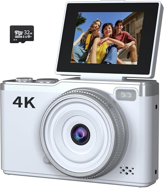 4K Digital Camera for Photography, 64MP Point and Shoot Digital Cameras with 16X Digital Zoom, 2.4 180Flip Screen Compact Travel Camera Auto Focus Vlogging Camera for YouTube Video (White)