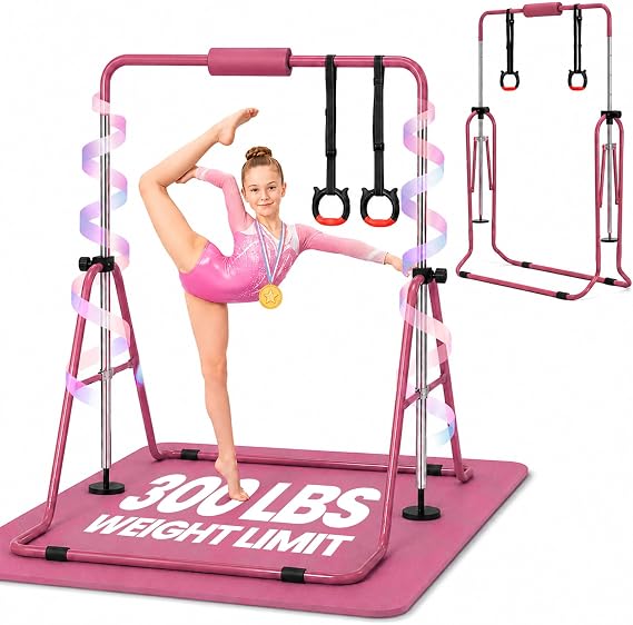 Foldable Gymnastics Bar For Kids - Gymnastics Equipment With Rings and Mat