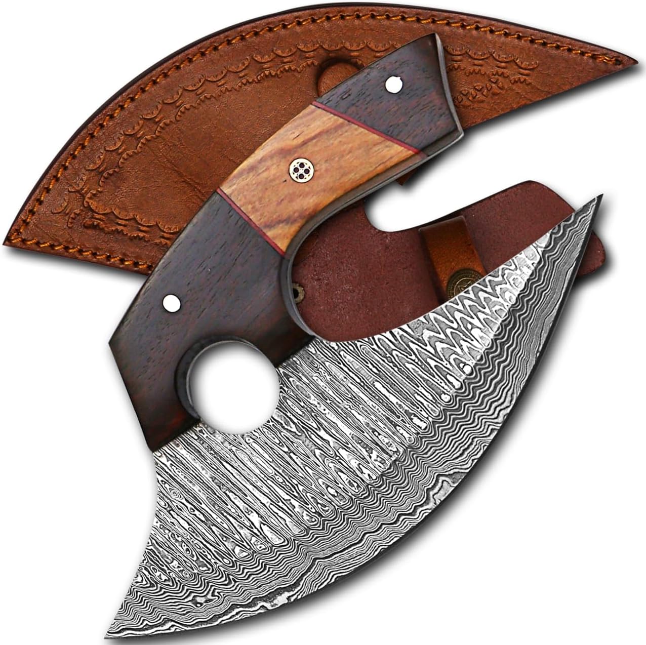 RC Damascus ULU Knife with Free Leather Sheath - 7.4 Handmade Pizza Cutter with Non-Slip Handle - Alaskan Ulu Knife Used For Multi-Purpose Skinning,Chopping,Slicing Meat And Gifting