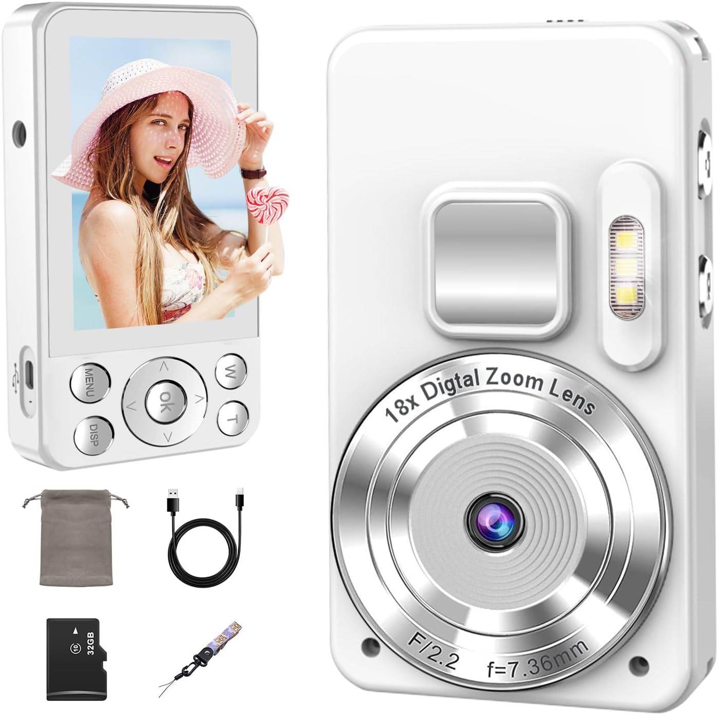 4K Digital Camera,HD 64MP and 18X Digital Zoom Autofocus, with 32G Memory Card, 2.8" Large Screen, Compact Rechargeable Design for beginners（WHITE）