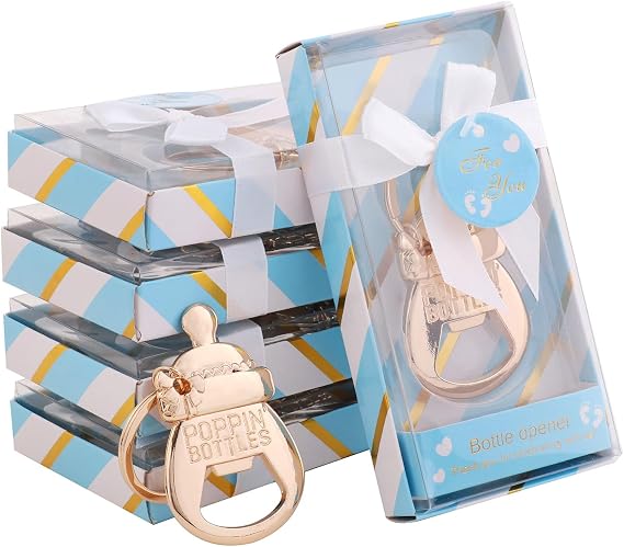 Pack of 24 Baby Shower Return Gifts for Guest Supplies Poppin Baby Bottle Shaped Bottle Opener Wedding Party Souvenirs Decorations with Exquisite Packaging by WeddParty (Baby Bottle Blue 24pcs)