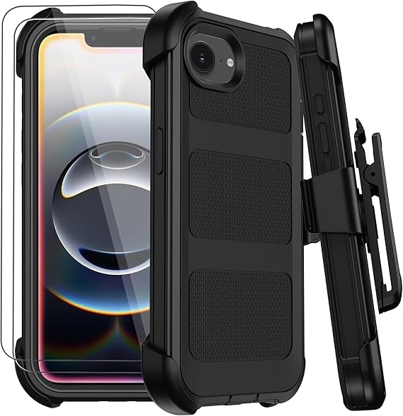 for iPhone 17e /16e Case with Belt Clip Holster,Military Grade Anti-Drop Shockproof Defender Phone Cases w/2x Screen Protectors & Kickstand,2 Layers Rugged Heavy Duty Protective Bumper Cover (Black)