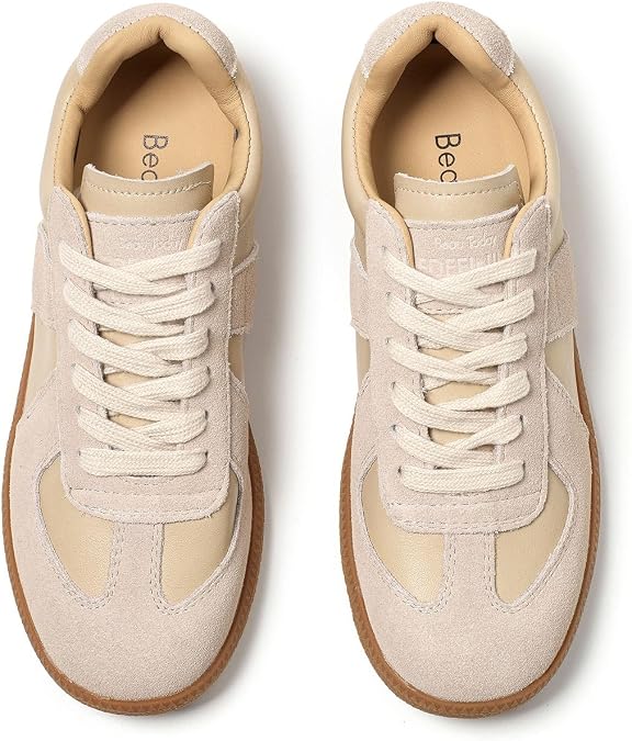 BEAU TODAY Women's Fashion Sneakers, Retro Flat Sneakers for Women Casual Shoes for Skateboarding Tennis Walking Comfortable Leather Sneaker