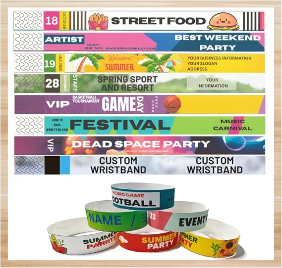 Custom Colorful Paper Wristbands for Events, Identification, Security, Admission, VIP, Business, Bulk, Logo, Football (50-2000 pcs)