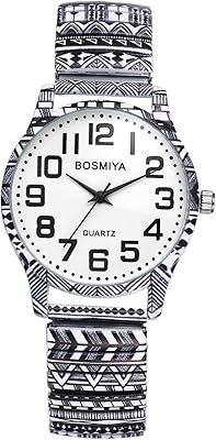 JEWELRYWE Womens Stretch Band Watches: Easy Reader Analog Quartz Elastic Watch Casual Floral Expansion Band Wristwatch for Valentines Day
