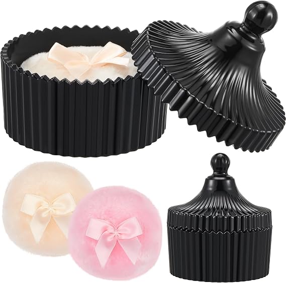Tioncy 3 Pcs Large Powder Container and Puff Set, Classic, Black | Crystal jar, Glass Case with Lid, 19 Soft Washable Velour Face Body Puff, Reusable Wet Dry Use, Vanity Bathroom Decor Storage