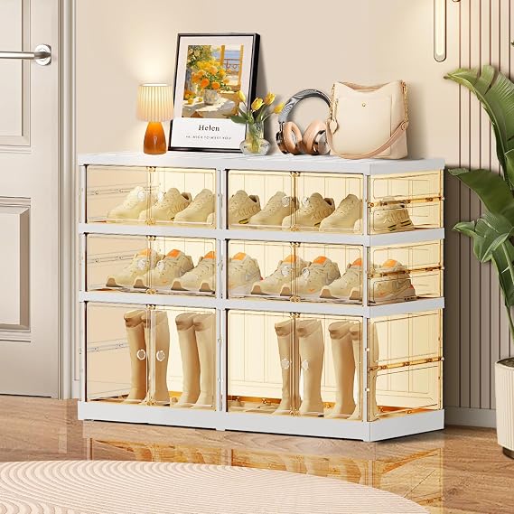 CIMLORD 3-Tier Foldable Shoe Organizer, Magnetic Doors, 6-12 Pairs, White