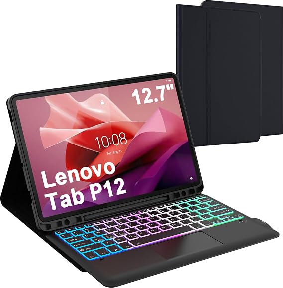 for Lenovo Tab P12 2023 12.7 inch Keyboard Case with Trackpad and Backlit | 3 Zone 7 Colors DIY RGB Backlit | Multi-Touch Trackpad | Detachable | Pen Holder | Rechargeable | TPU Protective Book Cover