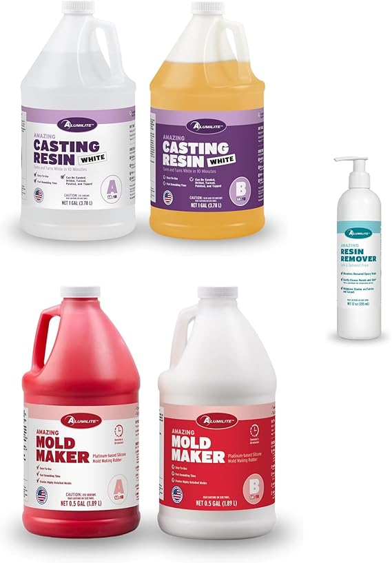 Alumilite Amazing Casting Resin White 1-Gal & Amazing Mold Maker 1-Gal Bundle with Resin Remover 12 Oz | Durable, Fast-Cure Silicone Compound, and Resin Remover for DIY Molding, Casting, and Crafts