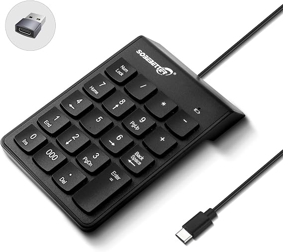 USB-C & USB-A Number Pad, 19 Keys Wired Numeric Keypad, Plug & Play