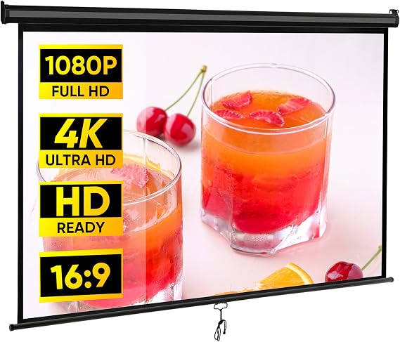 Projector Screen 80 Inch 16:9 HD Portable Manual Pull Down Projector Screen, Wall Ceiling Mounted Retractable Widescreen for Home Theater Cinema Office Movie TV Game (Black, 80in 16:9)