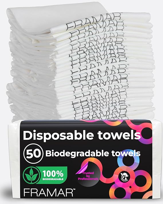 FRAMAR Biodegradable Salon Towels for Hair Stylist Hair Towels for Women, Disposable Towel, Salon Towel, for Spa, Barber, Gym, Super Absorbent and Extra Soft 50 Count