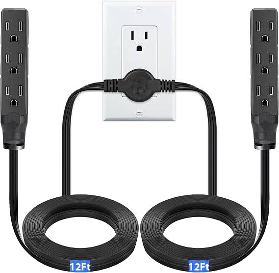 Twin Extension Cord Power Strip 24Ft with 6 3 Ground Outlets for Indoor Use | Double Extension Cord, 12 Feet on Each Side, Flat Plug Extension Cord Two Way Splitter for Behind Bed Cabinet Couch Furniture
