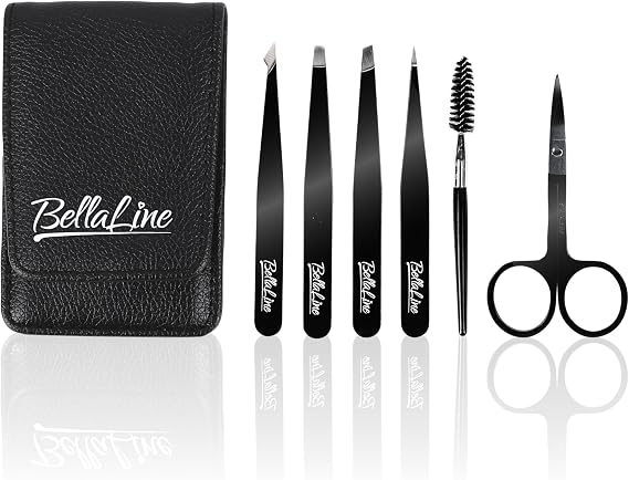 Tweezers Set - Professional Eyebrow Tweezers Set with Scissors & Brush - 6-Piece Precision Set with Case - For Eyebrows, Hairs & Splitters (Black)