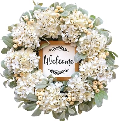 Year Round Wreaths for Front Door 22 Inch, SpringSummer Wreath with Hydrangeas Lambs Leaves Berries Welcome Board for Holiday Farmhouse Home Indoor Outdoor Wedding Party Wall Window Decor