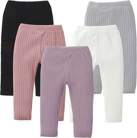 DREAM BUS 5 Pack Toddler Girl Leggings Ribbed Cotton Stretch Pants