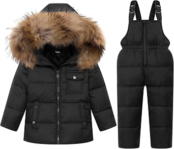 JiAmy Kids 2 Piece Snowsuit Set Girl Winter Hooded Puffer Jacket & Snow Bib Pants Boy Ski Suits Ultralight Outfit