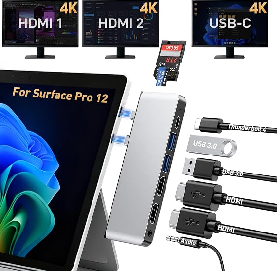 Surface Pro 12 Docking Station, Quad Display Surface Pro 12 USB Hub with Dual 4K HDMI, Thunerbolt 4 Hub (4K@60Hz Display+ 40Gbps Data+ 100W Charge), 2 USB3.0, SD/TF, Audio for Surface Pro 12 inch 2025