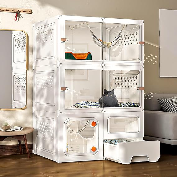 3 Tier Cat Cages Indoor with Litter Box, Cat Villa, Catio Indoor Cat Enclosure, Cat House Extra Large Space, for 1-2 Cats