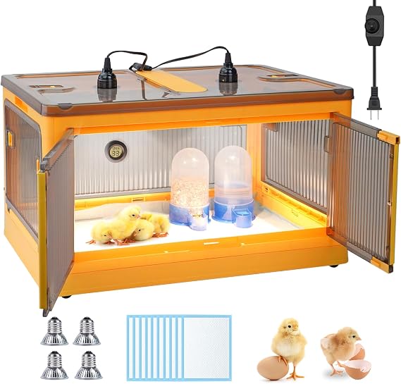 Chick Brooder Box for Chicks, Quail Brooder Box Kit with Heater Feeder and Waterer Set Chicks Warmer for 20 Duckling Parrot Lizard Ducks Bedding Indoor (23.62x16.53x13 Yellow)