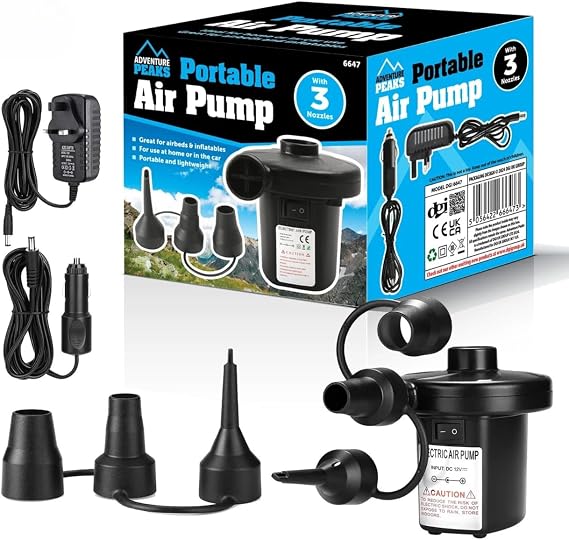 ADVENTURE PEAKS Electric Air Pump For Inflatables - Portable Electric Pump with Fast Inflation & Deflation - Electric Air Pump with 3 Nozzles and 2 Chargers - Paddling Pool, Air Bed, Camping Toys