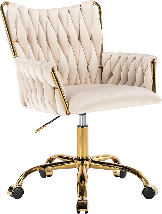 Westice Velvet Desk Chair, Hand Woven Height Adjustable Swivel Chair, Beige